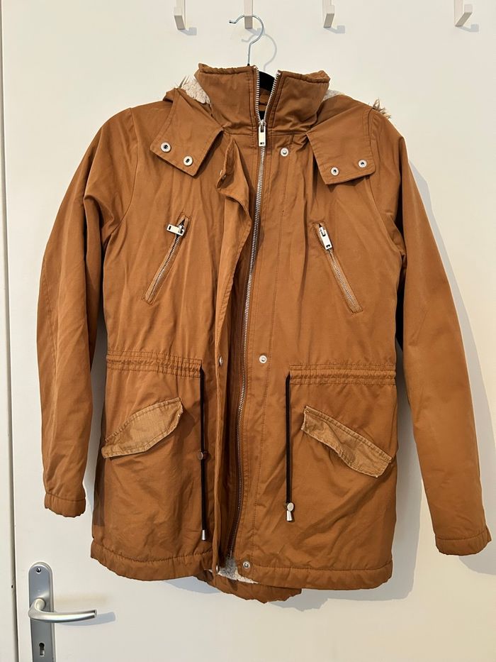 Manteau marron intérieur chaud capuche fourrure Etam 38