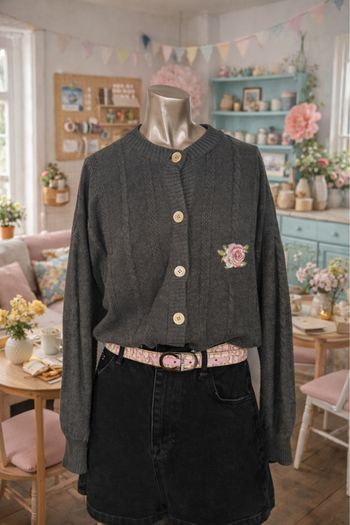 Gilet cardigan pull vintage gris brodé rose Maille torsadée Taille L/XL