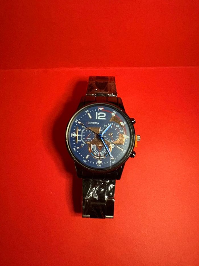 montre Geneva noir, cadran bleu à quartz pour hommes avec date - photo numéro 5