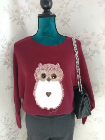 Pull bordeaux imprimé hibou manches chauve-souris / enzoria / (TU)