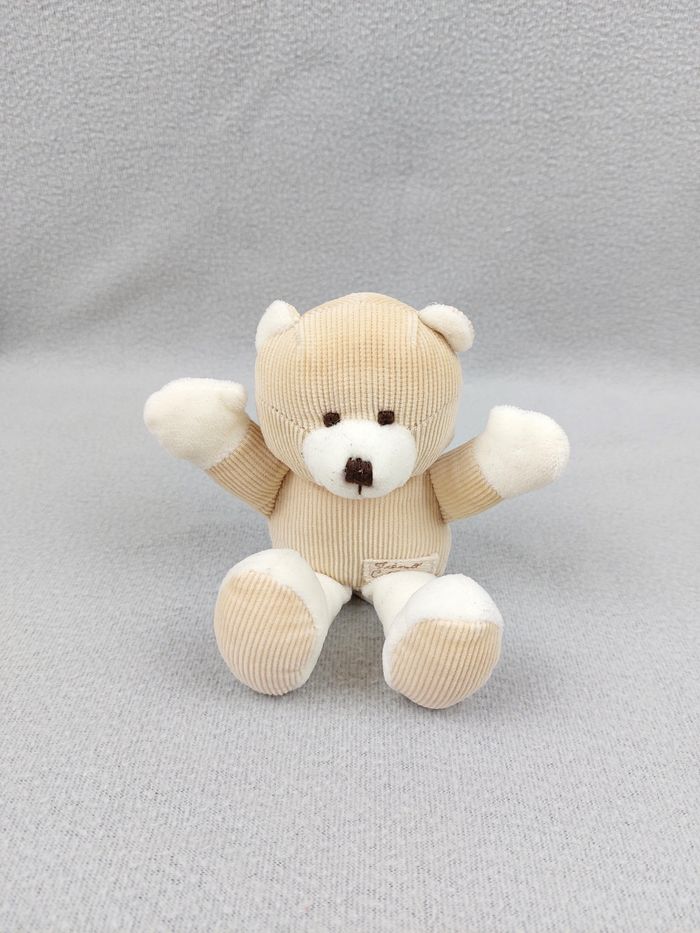 Ancien Doudou peluche ours grelot TIAMO COLLECTION 18 cm beige écru scratch pattes