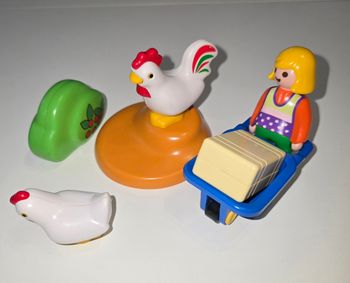 123 playmobil agricultrice avec brouette coq et poule 6965 complet