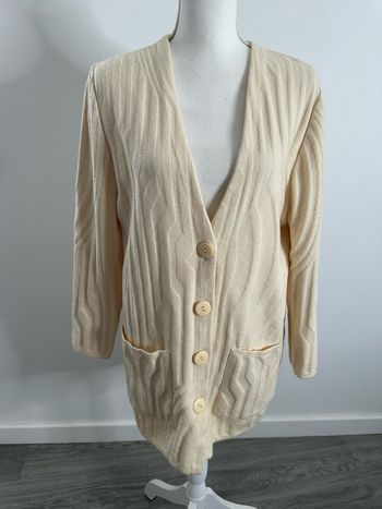 Cardigan texturé beige crème en laine vierge Devernois Paris Vintage T44 XXL