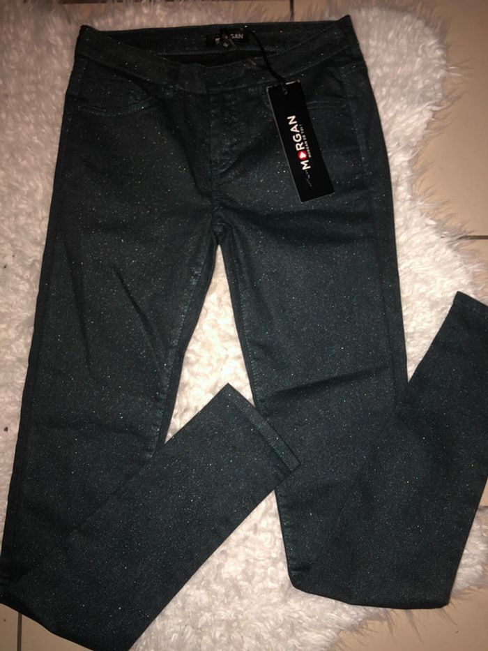 Jeans slim scintillant vert