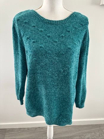 Pull en maille chenille bleu canard pailleté Vintage T42 XL