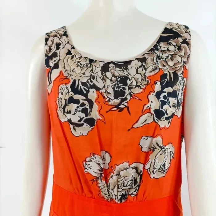 Robe d'été Orange, plastron fleurs Col rond et dos en V Taille M - Coton/Soie A440 - photo numéro 7
