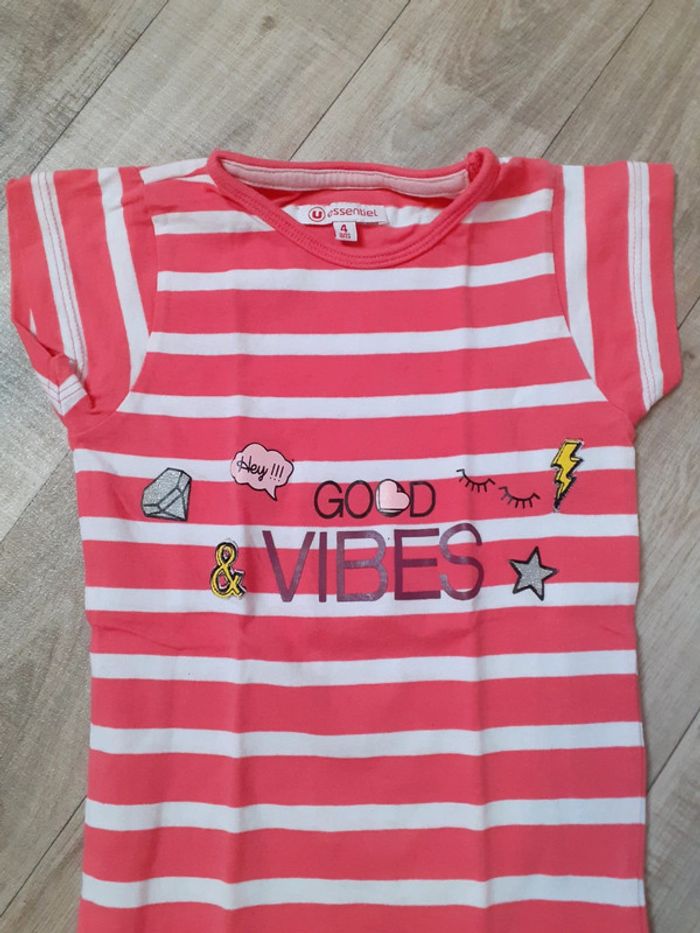 T-shirt fille long à rayures rose et blanc 4 ans - photo numéro 3