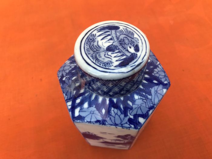 Pot couvert à Thé Porcelaine de Chine Décor bleu sur fond blanc Fleurs de Lotus / Paysage lacustre - photo numéro 3