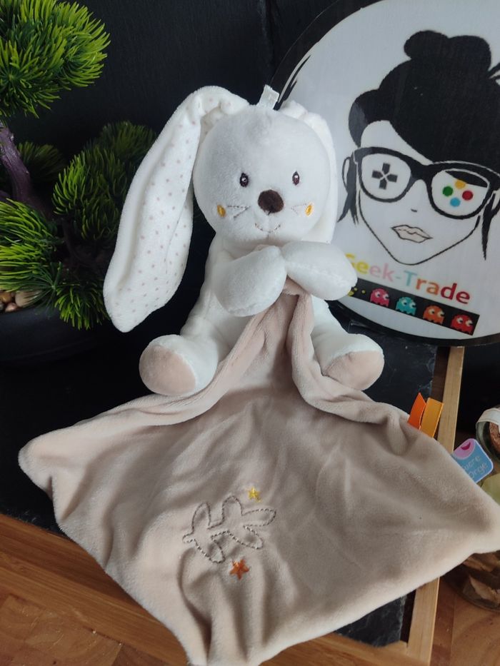 Doudou Lapin blanc pois mouchoir beige Les Naturels feuille marron Jaune Étoile