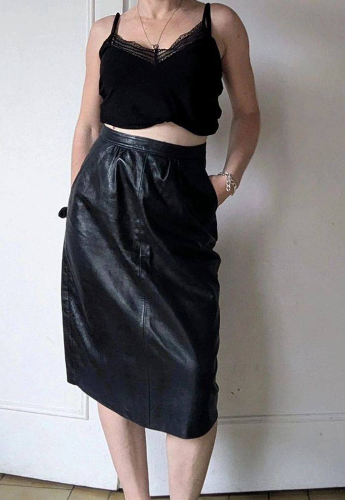 💎 jupe midi en cuir noir sexy chic rockabilly créateur français vintage GMG rare authentique t XS 34 - photo numéro 4