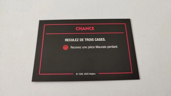 Carte Chance Reculez de trois cases jeu de société Monopoly mauvais perdants Hasbro Gaming #B77