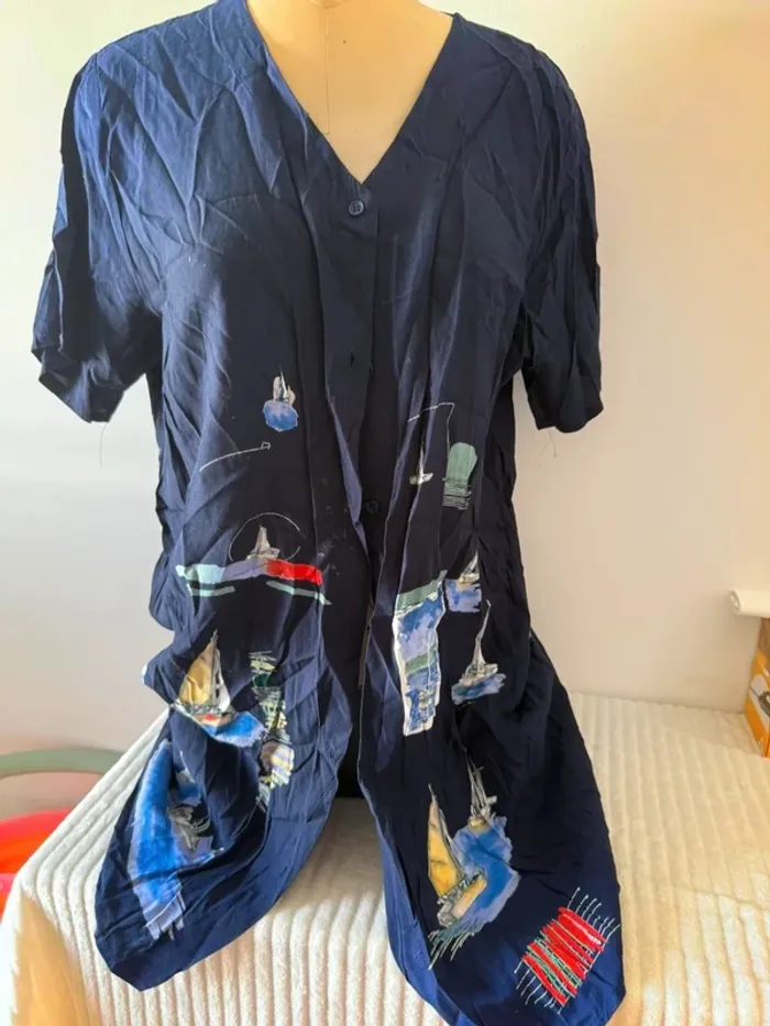 Chemise Vintage Bleu Marine Imprimé Voiliers - Taille Unique / Loose Fit