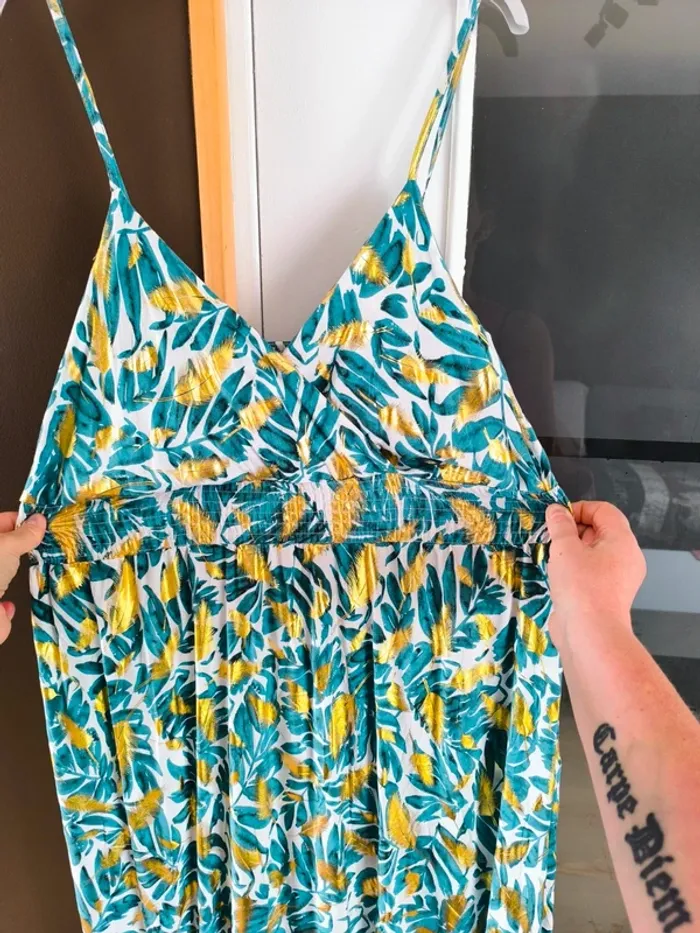 Robe longue imprimée tropicale verte et dorée femme 40/42 - photo numéro 7