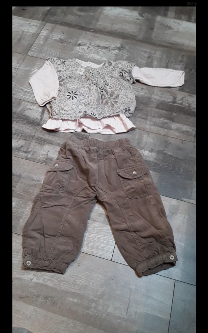Ensemble pantalon velours marron et haut manche longue fleurie