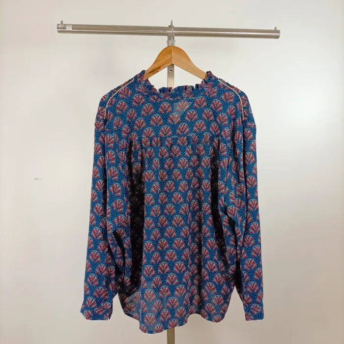 Blouse bohème à motif fleuri bleu et orange - col volanté - Melya Melody T4 A1315 - photo numéro 8