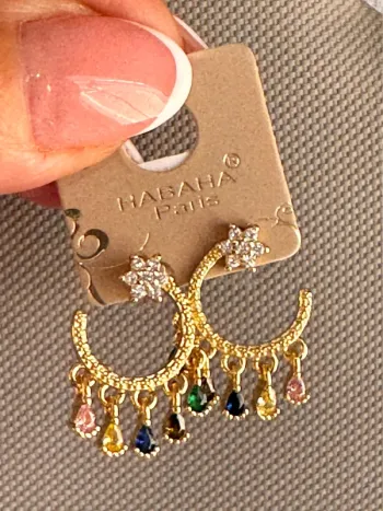 Boucles d’oreilles habaha Paris lune étoile acier inoxydable or cristaux blanc et couleurs
