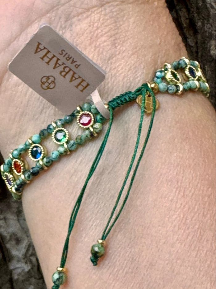 Bracelet manchette réglable acier inoxydable or malachite zircons couleurs habaha Paris - photo numéro 5