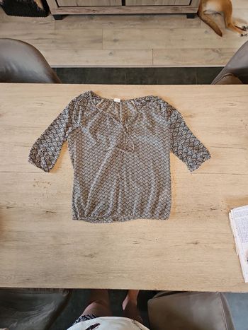 Blouse à manches courtes noire et beige, col V,Esprit, 38/40, nickel