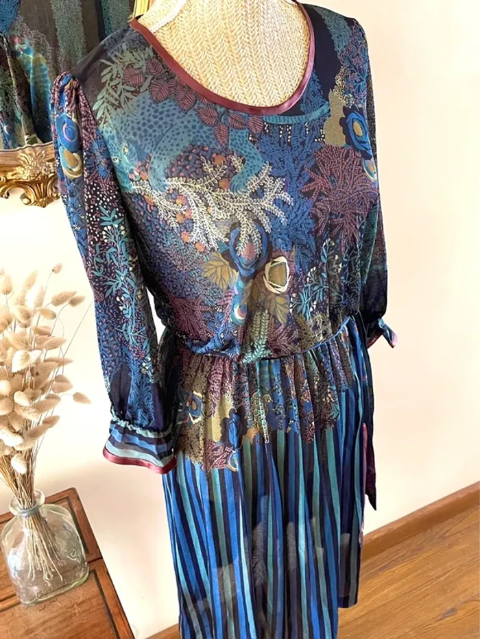 Robe à Motifs Végétal Panthère Plissé – Multi-Couleurs – Vintage – Taille M - photo numéro 14