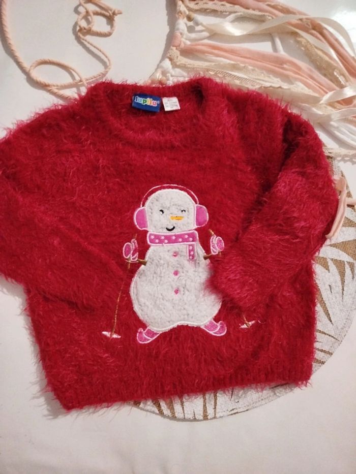 Pull doux rouge fille bonhomme de neige 86/92 cm