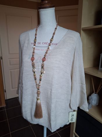 Pull fin beige chiné mailles nid d'abeilles neuf étiqueté