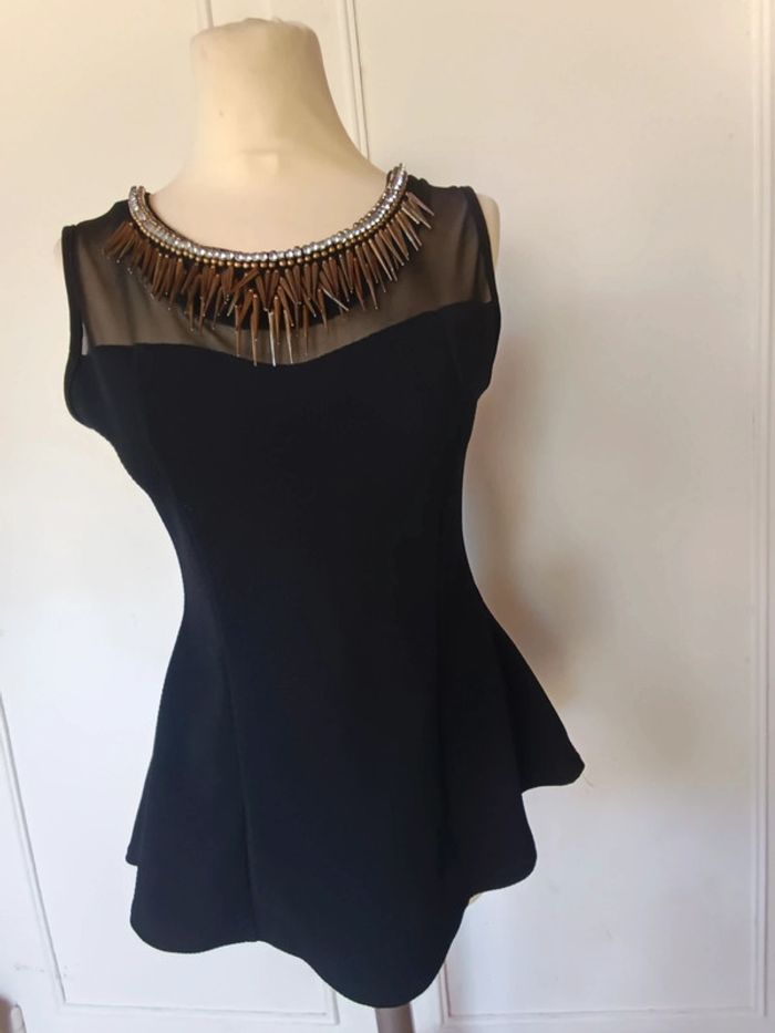 💎 débardeur long chic péplum noir taille M 38 l 40 voile transparent et collier intégré sexy chic - photo numéro 9