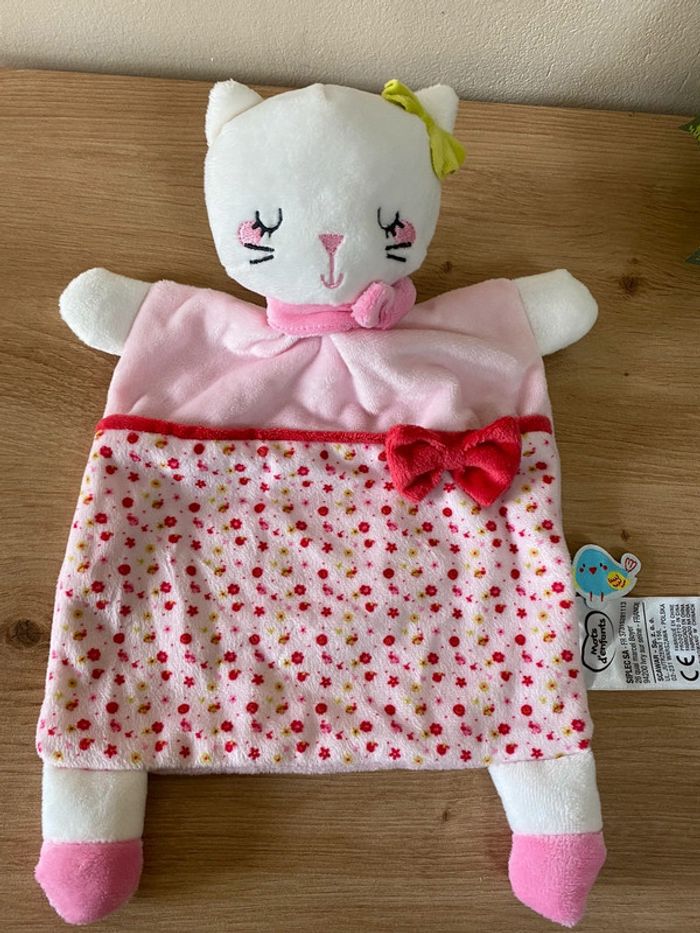 Doudou plat chat rose 2 tons fleur fuschia vert mots d enfants - photo numéro 2