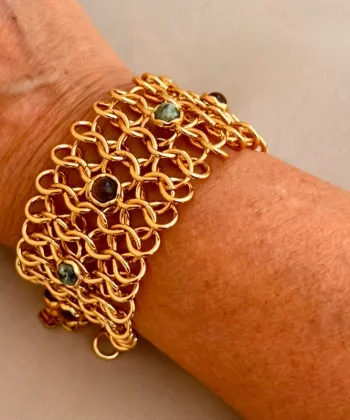 Bracelet manchette large  mailles larges pierres véritables amazonite œil de tigre habaha Paris