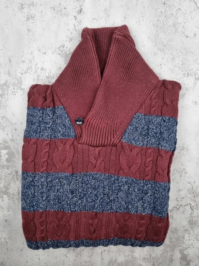 Pull Tommy Hilfiger rayé gris & bordeaux – Taille XXL Homme (mesures en photos) - photo numéro 2