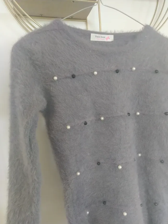 Pull filles 14 ans gris avec perles