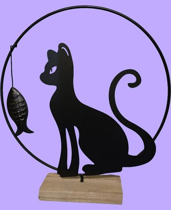 Déco métal bois 'Chat' noir beige - 28x25x6 cm (ombre chinoise)