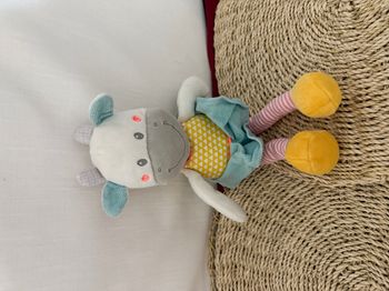 Doudou vache bleu jaune gris blanc MOTS D'ENFANTS 