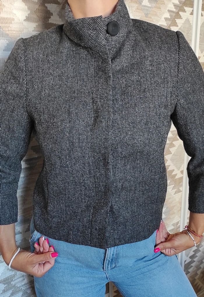 Veste cardigan caban court Caroll 40 gris noir blanc en laine col montant gros bouton, classe - photo numéro 2