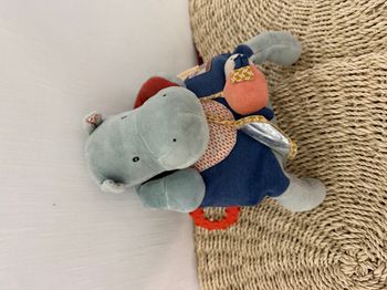 Peluche d'éveil hippopotame MOULIN ROTY Les Papoum bleu grelot miroir abimé