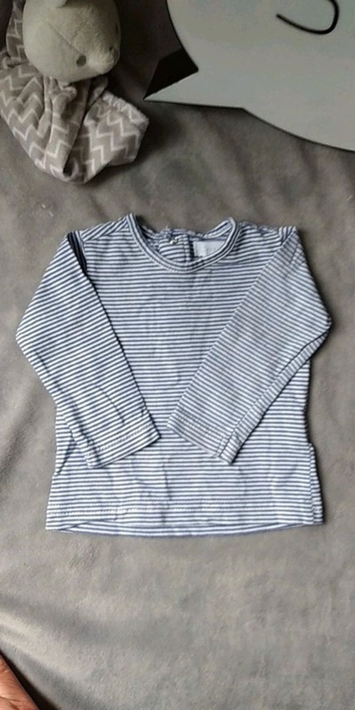 Tee shirt manches longues Mixte 3 mois rayé blanc et bleu foncé 100% coton TEX Baby - photo numéro 2