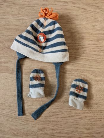 Bonnet chapeau + moufles polaire garçon 3-6 mois