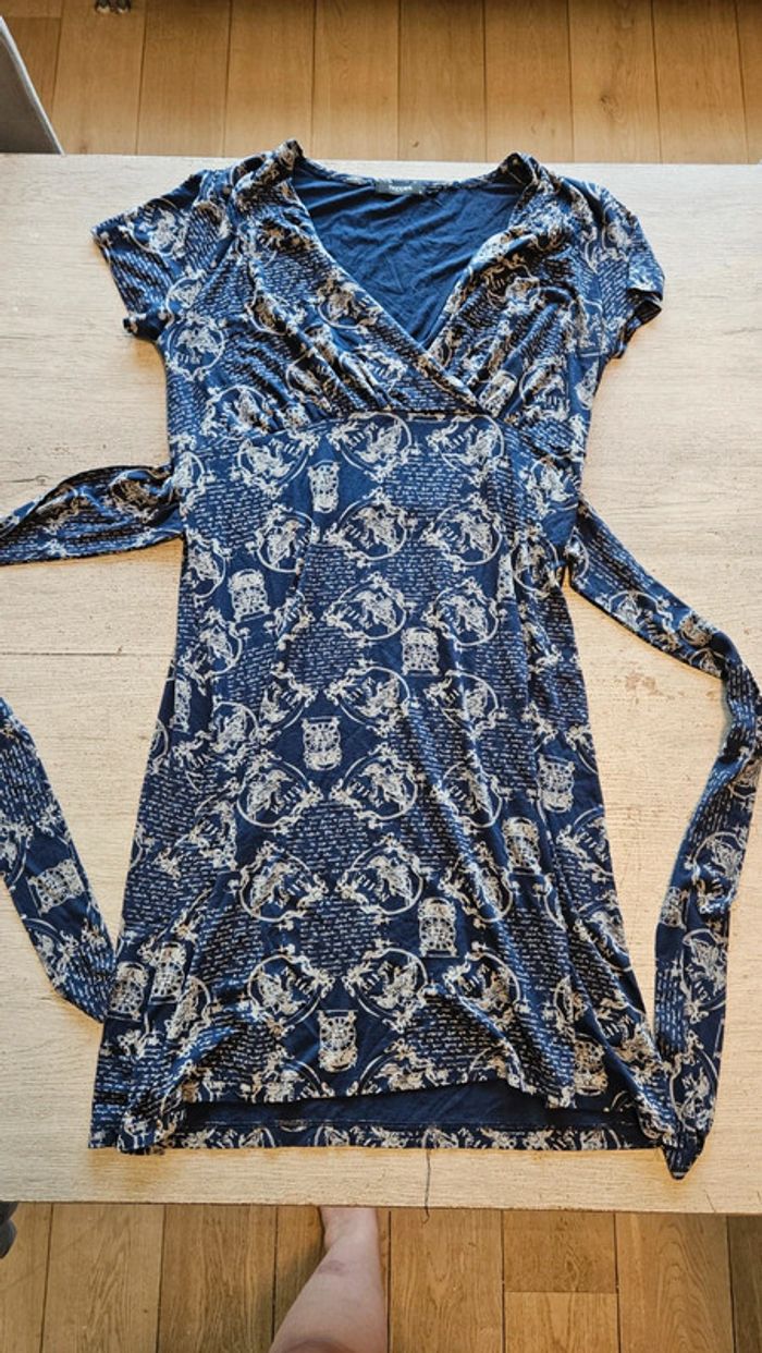 Rbe courte de grossesse, manches courtes, cache coeur, bleu motifs beiges, Noppies,M, nickel - photo numéro 3