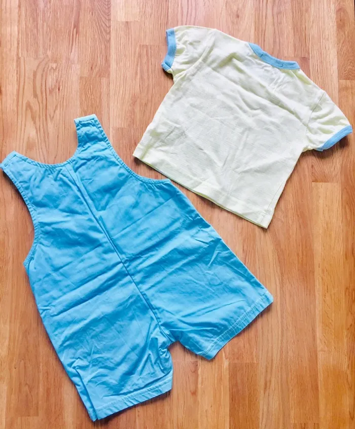 Ensemble tee shirt à rayures et salopette bleue 12 mois - photo numéro 2