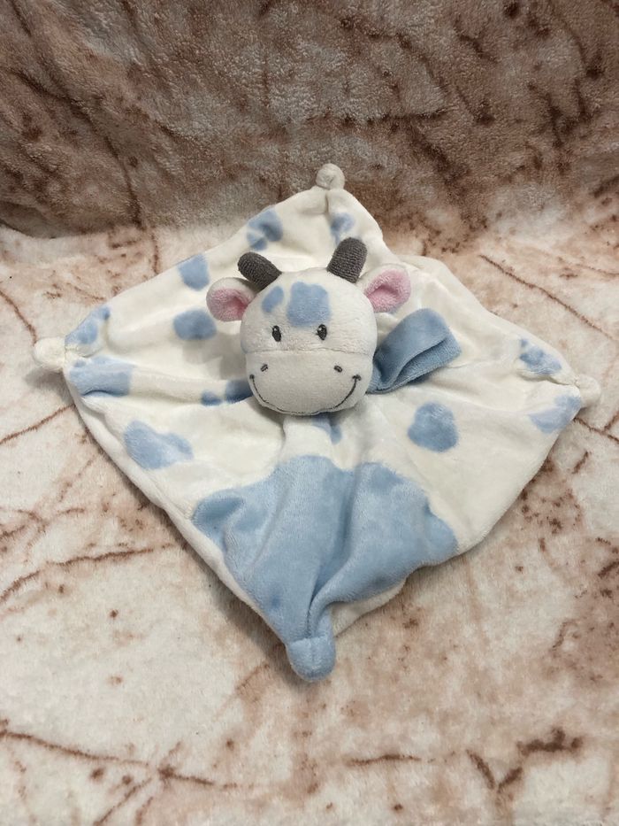 Doudou plat carré vache bleu blanc Nicotoy