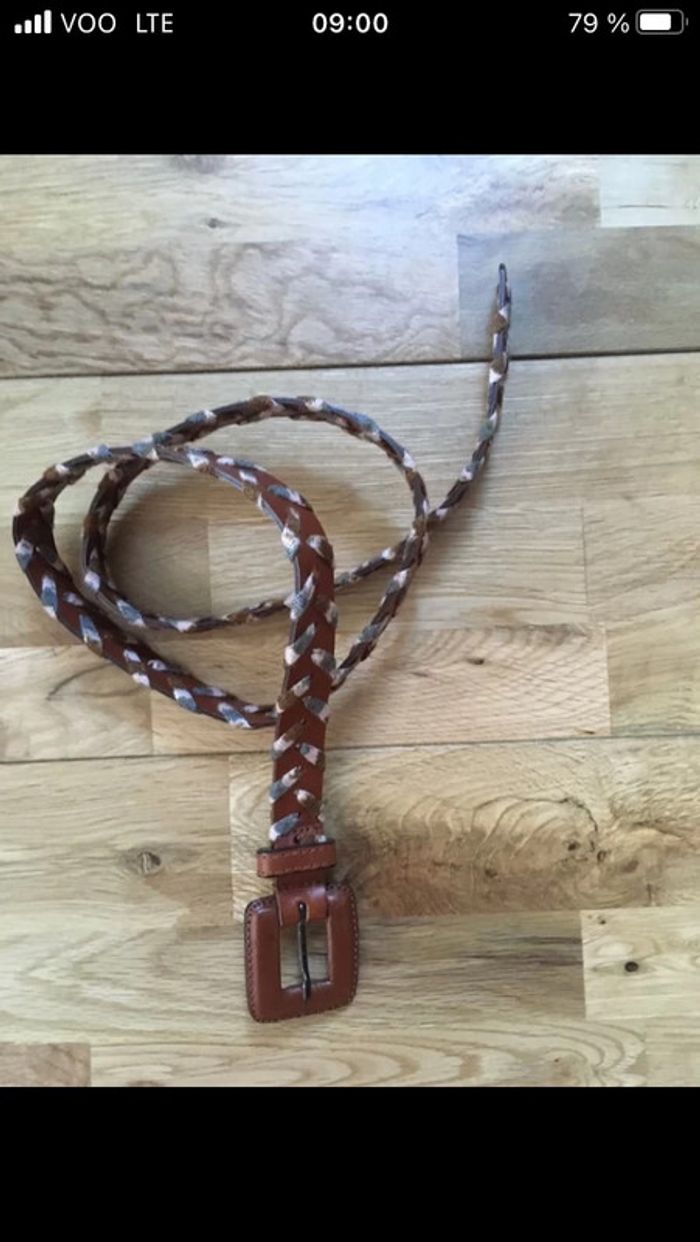 Jolie ceinture cuir et tissu 95cm nickel