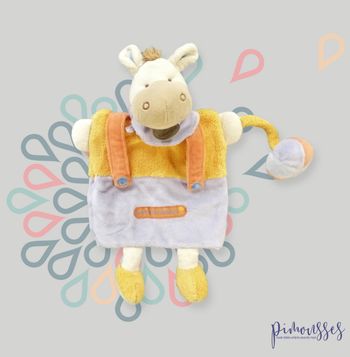 Doudou âne marionnette velours jaune bleu Graines de doudou Doudou et Compagnie 29 cm