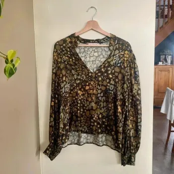 Blouse fluide imprimé léopard doré noir marron Please Taille M manches longues légères Italy V006