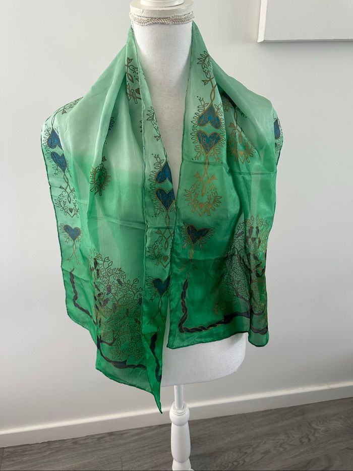 Foulard étole en soie verte et dorée Vintage 40x130cm