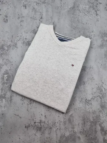 Pull col V Tommy Hilfiger gris clair, L Hommes
