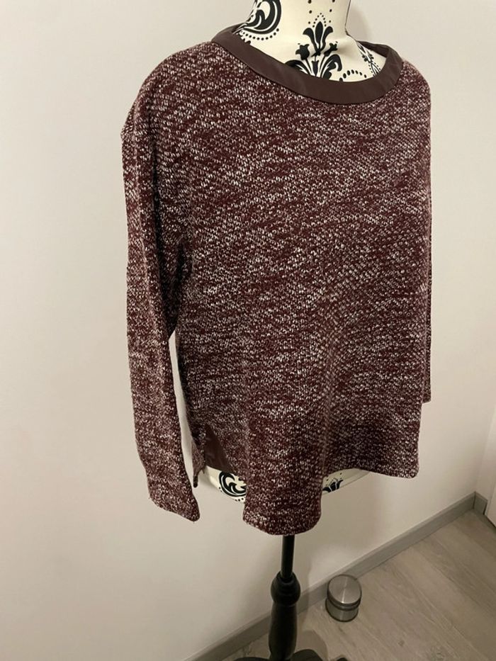 Pull à manches longues bordeaux chiné blanc col et côté en similicuir mango taille S - photo numéro 3