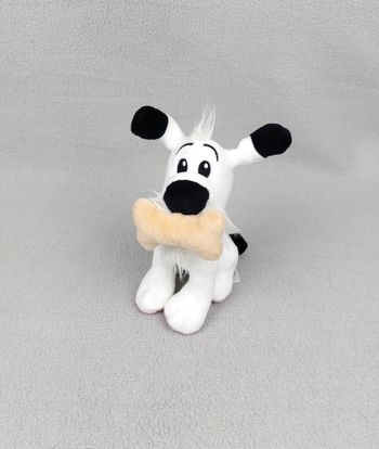 Peluche doudou chien Idéfix et son os 2020 blanc noir beige rose 20 cm TBE