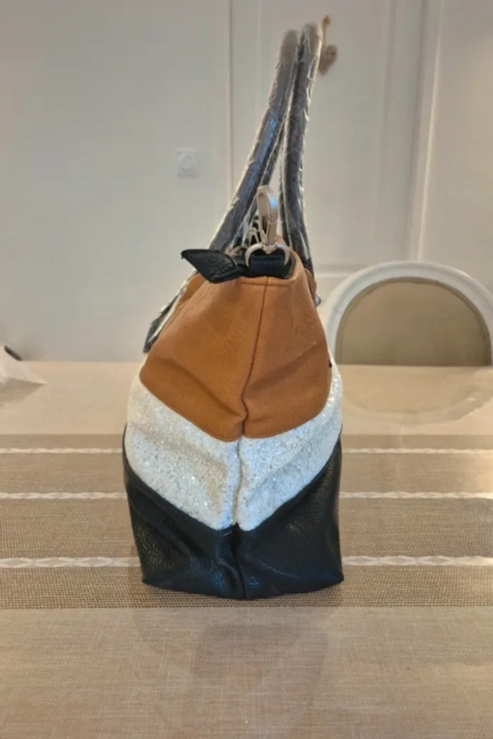 Très joli sac cabas pour l'automne, neuf, marron argenté noir paillettes - photo numéro 3