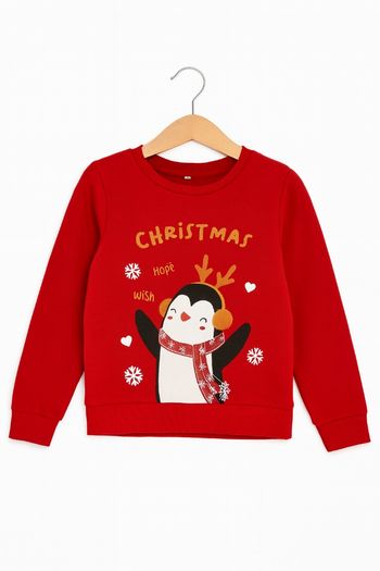 Pull de Noël rouge pingouin pour garçon 5-6 ans, 110-116 cm, parfait état !