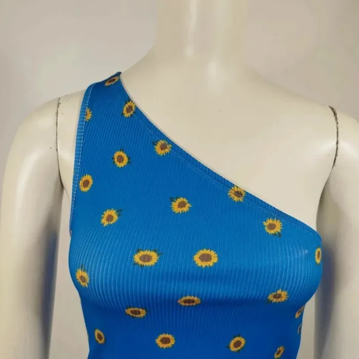 Crop top asymétrique bleu à tournesols – Taille S/M A716 - photo numéro 2