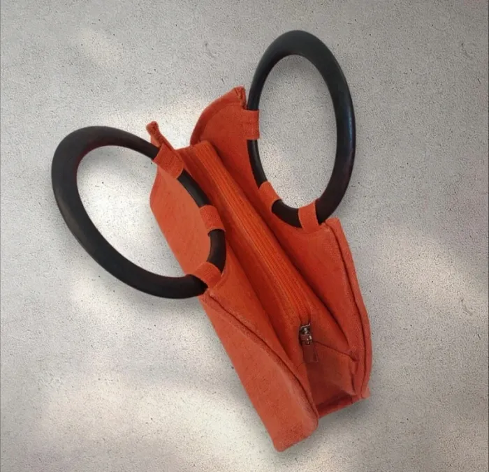 Sac à main en toile épaisse orange avec poignées rigides - photo numéro 3